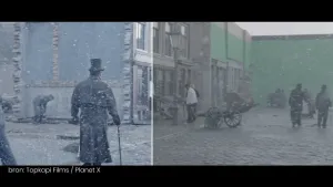 Een foto van een straat in twee helften. De linkerhelft met een man in een zwart pak, hoed en stok is verbeterd op de computer met heldere kleuren en meer licht. De rechterhelft met een lantaarnpaal en kar met wielen is onduidelijker en grijs van kleur. 