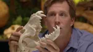 Een foto van presentator Freek die de schedel van een Wolf in zijn handen heeft en de bek ervan geopend laat zien.