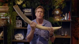 Een foto van presentator Freek die in de studio staat en een slagtand van een olifant laat zien die hij in zijn hand heeft. 