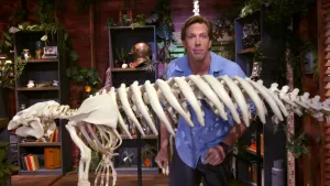 Een foto van bioloog Freek. Hij staat achter een hangend  skelet van een zeekoe en kijkt in de camera. Achter hem zie je allemaal kasten vol met spullen. 