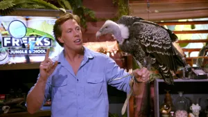 Een foto van bioloog Freek in een houten hut. Hij heeft een grote roofvogel vast. Het is een gier. Freek kijkt naar de gier terwijl hij iets uitlegt aan de kijker. 