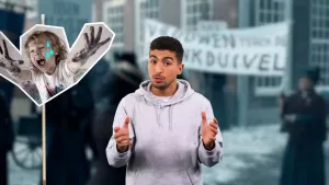 Een foto van Nizar naast een foto op een stokje. Het kind op de foto schreeuwt, heeft handen en t-shirt onder de verfvlekken zitten en vóór de linkerwang zijn drie blauwe traantjes getekend. Daarachter is onscherp een protest met een wit spandoek te zien.