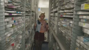 Een foto van presentator Janouk die in een smalle gang loopt. Aan beide kanten zijn er grote kasten waar veel medicijnen in bewaard worden..