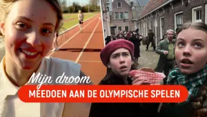 Een foto die uit twee delen bestaat. Links zie je meisje op een atletiekbaan. Rechts zie je datzelfde meisje in een oude straat in een stad. Naast haar staat nog een meisje. Ze kijken verschrikt omhoog. Op de achtergrond zie je mensen in paniek rennen.