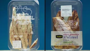 Twee foto's van Makreel producten. Links komt van Albert Heijn supermarkt en rechts komt van Jumbo supermarkt. Makreel is een vissoort. 