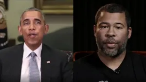 Een foto van twee mannen. Het zijn eigenlijk twee foto's naast elkaar. De linkse man is Barack Obama. Hij was ooit president van de Verenigde Staten. De man rechts is geen bekende.
