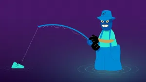 Een animatie van een gemeen lachende, getekende visser. Hij draagt een blauwe vissersbroek en een blauwe vissershoed met een haakje erop. Hij staat in het water met een blauwe hengel met haakje aan de draad en vist een groenblauwe envelop uit het water.