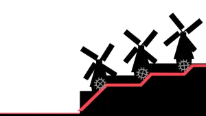 Een animatie van drie zwarte molens alsof ze op een zwarte trap staan, de linkermolen het laagst op een trede, de rechtermolen het hoogst. Onder iedere molen is een grijs, rond wiel, een tandwiel te zien en eronder loopt een rode lijn, een buis met water.
