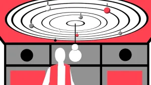 Een tekening van de vorm van Eise Eisinga in een rood jasje onder zijn zelfgemaakte zonnestelsel. Aan het plafond hangen zwarte cirkels. Aan iedere cirkel hangt een rood, wit, grijs of zwart bolletje, een planeet en in het midden een wit bolletje, de zon.