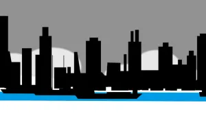 Een tekening van een witte kade met drie zwarte vormen van schepen ervoor die in het blauwe water liggen. Daarachter staan hoge, zwarte gebouwen met schoorstenen erop. Het is een tekening van de haven van Rotterdam, de grootste haven van Europa.