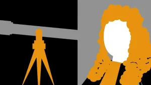 Een tekening van een grijze sterrenkijker op een oranje standaard. Dat is een soort verrekijker om naar de sterren in de lucht te kijken. Rechts is de vorm van Christiaan Huygens te zien zonder ingetekend gezicht, die een oranje pruik met krullen opheeft.