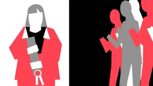 Een tekening met links de vorm van Marga Klompé zonder gezicht. Ze heeft een rood pak aan en een grijze ketting vast met een witte sleutel eraan. Ze heeft de eretitel ‘minister van staat’ gekregen en rechts staan rode, grijze en witte mensen te klappen. 