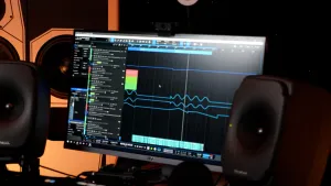 Een foto van een beeldscherm in een geluidsstudio tussen twee zwarte geluidsboxen in. Op het scherm is een programma om muziek te maken en bewerken te zien, met op de zwarte achtergrond vier blauwe, golvende lijnen en gekleurde knopjes en schuifjes.