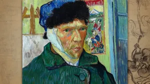 Een foto van een schilderij van Vincent van Gogh, een zelfportret. Vincenth draagt een groene jas en een blauwe muts met zwarte bondkraag aan de voorkant. Om zijn hoofd zit een witte doek die over zijn oren loopt, omdat hij één oor afgesneden heeft. 
