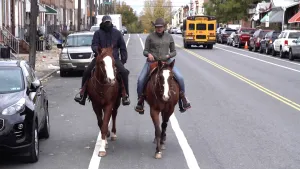 Een foto van twee cowboys in een Amerikaanse stad. Ze rijden beiden op een paard, op een fietspad, richting de camera. Naast hen zie je geparkeerde auto's. In de verte rijdt een gele schoolbus. 