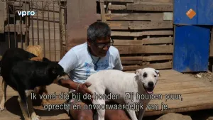 Een foto van een man die een hond aait. De man zit op een houten vloer. Naast hem staat nog een hond. Op de achtergrond zie je een houten muur en een ijzeren hek.