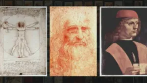 Drie illustraties van Leonardo da Vinci. De linker is een bekend kunstwerk genaamd 'De Mens van Vitruvius'. De middelste is een tekening van zijn gezicht en de rechter is een schilderij van zijn gezicht en borst.