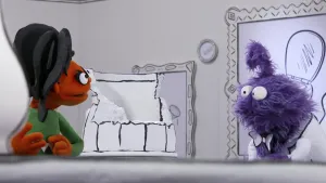 Een foto van een oranje pop die tegenover een paarse pop staat in het museum van gewone dingen.