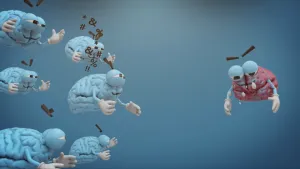 Een animatie van zes stel blauwe hersenen met ronde ogen en grote wenkbrauwen die naar rechts kijken. Boven één van de hersenen staan leestekens zoals een uitroepteken. Rechts is één stel hersenen te zien dat rood is geworden, naar beneden kijkt en huilt.