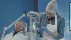 Een foto van presentator Janouk. Ze heeft een witte schort aan en houdt een glazen schaaltje vast. Naast haar ligt een man in een soort doktersstoel. Hij heeft zijn ogen dicht. Beiden hebben een haarnetje op het hoofd.