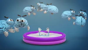 Een animatie van allemaal blauwe hersenen met ronde ogen en grote wenkbrauwen die  in groepjes van twee of drie staan en naar elkaar kijken. Vooraan zakt een stel blauwe hersenen in een paars zwembad van rubber naar beneden in een witte vloeistof.