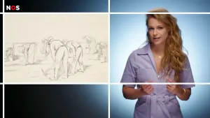 Een foto van de presentator die in de camera praat. Daarnaast staat een potloodtekening van boeren aan het werk op het land. 