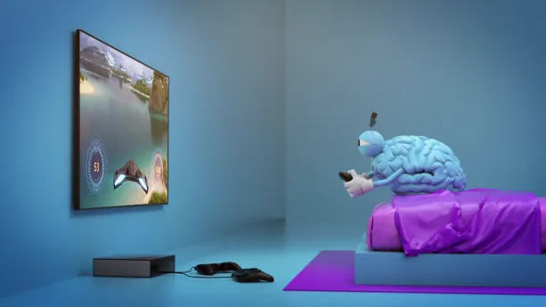 Een animatie van een slaapkamer met een groot scherm aan de muur. Een poppetje in de vorm van een stel hersenen met armpjes zit vanaf het bed een spel te spelen op het scherm.