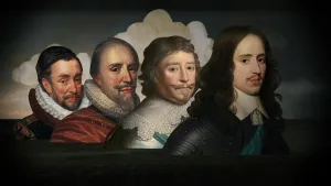 Een animatie van vier mannen op een rij. Die mannen zijn stukjes van schilderijen uit de Zeventiende eeuw. Daarachter zie je een wolk geschilderd.