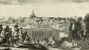 Een tekening van een paar honderd jaar geleden. Je ziet in de verte een stad. Op de voorgrond zie je vechtende legers. Veel van de soldaten rijden op paarden. 