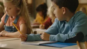 Een foto van een jongetje in de klas. Hij heeft een schrijfblok voor zich en houdt een potlood vast. Het jongetje kijkt opzij. Daar zit een meisje. Zij is aan het schrijven.