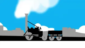 Een tekening in zwarte,witte en grijze kleuren van een stoomtrein onder een blauwe lucht. Er komt witte rook uit de grijze pijp vooraan op de trein. Er zij vier grijze wielen zichtbaar en een stuur, omdat er geen het bestuurdersgedeelte niet overdekt is.