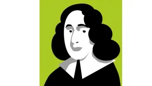 Een tekening in zwart-wit met een lichtgroene achtergrond van het portret van Benedictus Spinoza, 17e eeuws filosoof. Zijn gezicht en een deel van zijn bovenlichaam zijn zichtbaar. Hij heeft gekruld, zwart haar en een zwart gewaad aan met witte kraag.