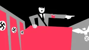 Een tekening in zwart-wit van Adolf Hitler achter een spreektafel. Hij heeft een rode band met het nazi-logo erop om zijn linkerarm, waarmee hij ook naar links wijst. Links hangen drie rode lappen met  nazi-logo en rechts een witte adelaar met nazi-logo.