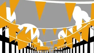 Een tekening van een straat onder en grijze lucht waarop zwart-witte huizen aan twee kanten staan. Tussen de huizen hangen oranje vlaggetjes aan een witte lijn. Twee huizen achteraan hebben een oranje dak. De weg tussen de huizen is niet te zien.