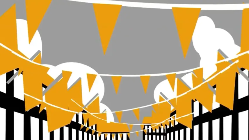 Een tekening van een straat onder en grijze lucht waarop zwart-witte huizen aan twee kanten staan. Tussen de huizen hangen oranje vlaggetjes aan een witte lijn. Twee huizen achteraan hebben een oranje dak. De weg tussen de huizen is niet te zien.