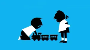 Een tekening met de vormen van Jip en Janneke. Jip zit op zijn knieën bij een speelgoedtrein met twee wagons. Janneke staat achter de trein en kijkt toe. De tekeningen worden normaal getekend door Fiep Westendorp voor de boeken van Annie M.G. Schmidt.