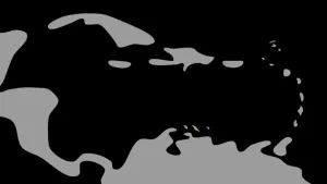 Een tekening met de vormen van de Cariben in grijze kleur op een zwarte achtergrond. De zes eilanden die onderdeel zijn van het Koninkrijk der Nederlanden zijn in lichtgroene kleur zichtbaar: Aruba, Curaçao, Bonaire, Sint-Maarten, Saba en Sint Eustatius. 