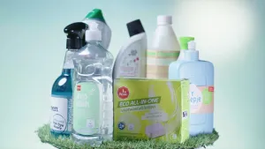 Een foto van ecologische schoonmaakmiddelen op een tafeltje met kunstgras. Je ziet allemaal flesjes en een doosje met daarop de tekst "eco all-in-one vaatwastabletten".