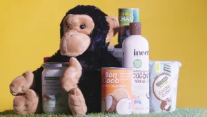 Een foto van een knuffel van een aapje. Om hem heen staan allerlei potjes en blikjes en flesjes met daarin kokos verwerkt. 