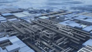 Een foto van een computerchip maar dan heel erg uitvergroot. Je ziet allemaal verbindingen en rechthoekjes boven en onder elkaar. Je ziet vele niveaus hiervan.