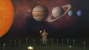 Een foto van presentator Pascal die in het donker buiten staat met een fakkel. Boven hem is een met de computer gemaakt beeld te zien van ons zonnestelsel. 