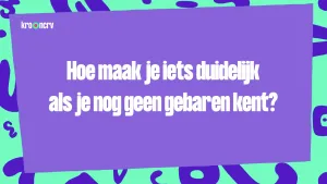 Een tekening van een lichtpaarse rechthoekige achtergrond met tekst. In het lichtpaarse deel staat de tekst "Hoe maak je iets duidelijk als je nog geen gebaren kent?". Om het lichtpaarse gedeelte is de achtergrond heldergroen met paarse vlekken.
