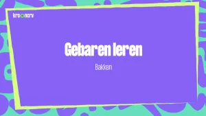 Een tekening van een paars vlak op een gekleurde achtergrond. In het vlak staat een witte tekst "Gebaren leren" en "Bakken".