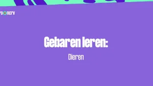 Een tekening van een rechthoekige, lichtpaarse achtergrond met de tekst "Gebaren leren: Dieren" erin. Om het rechthoekige gedeelte is de achtergrond heldergroen met paarse vlekken.