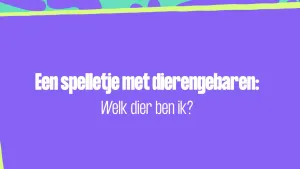 Een tekening van een lichtgroene rand met een lichtpaars gedeelte erin. In het lichtpaarse deel staat de tekst "Een spelletje met dierengebaren: Welk dier ben ik?". Om de lichtgroene rand is de achtergrond heldergroen met lichtpaarse vlekken.