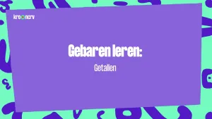 Een tekening van een rechthoekige, lichtpaarse achtergrond met de tekst "Gebaren leren: getallen" erin. Om het rechthoekige gedeelte is een heldergroene achtergrond met paarse vlekken te zien.