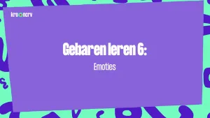 Een tekening met in het midden een rechthoekige, lichtpaarse achtergrond met daarin de tekst: "Gebaren leren 6: Emoties".  Om het lichtpaarse gedeelte is de achtergrond heldergroen met paarse vlekken.