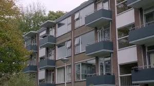 Een foto van een niet al te hoog flatgebouw. Elke woning heeft een balkon. Om de flat heen staan wat bomen.