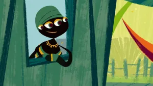 Een beeld uit de animatieserie over spin Anansi. De moeder van Anansi, ook een spin, kijkt uit het raam naar buiten en steekt haar poot uit het raam. Ze heeft vier ogen op haar hoofd, draagt een groene doek om haar hoofd en heeft een ketting om haar nek. 
