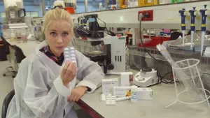 Een foto van de presentator. Ze zit in een laboratorium heeft een witte jas aan. Ze kijkt in de camera en toont de kijker een medicijnenstrip. Naast haar liggen verschillende medicijnen in doosjes op een tafel. 